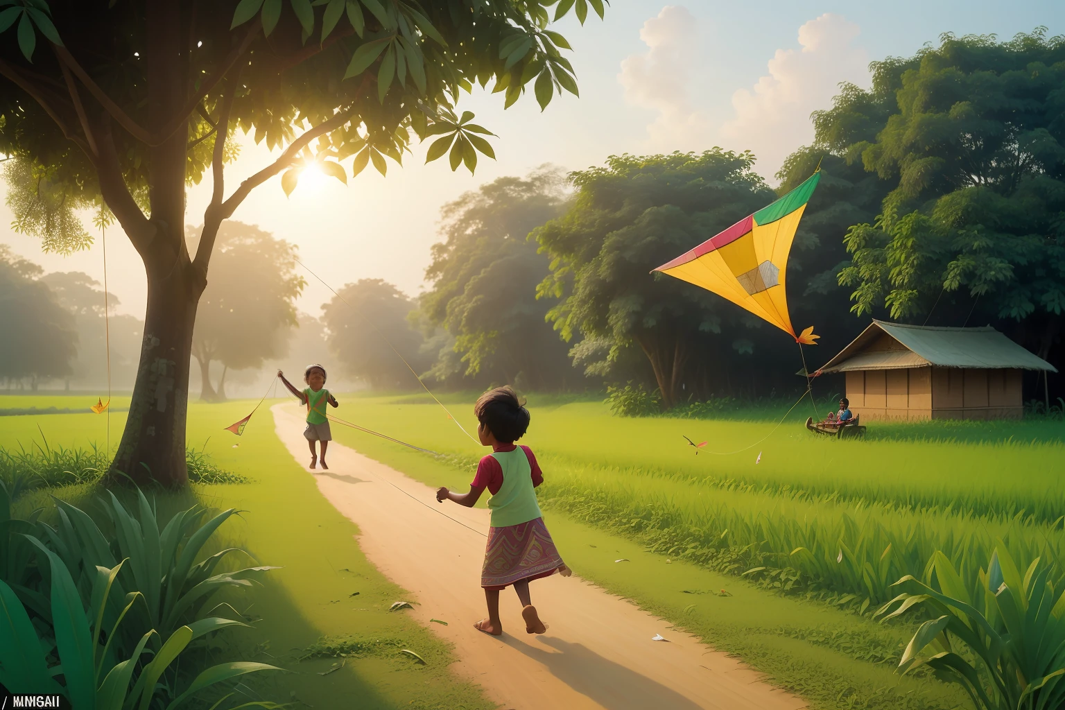 Date: 1995
Country: Bangladesh
Description: In a luminous Bangladeshi village, a young Bangladeshi child flies a handcrafted kite against the backdrop of lush green fields. The soft daylight adds a serene touch to the scene as the child's laughter blends with the rustling leaves.