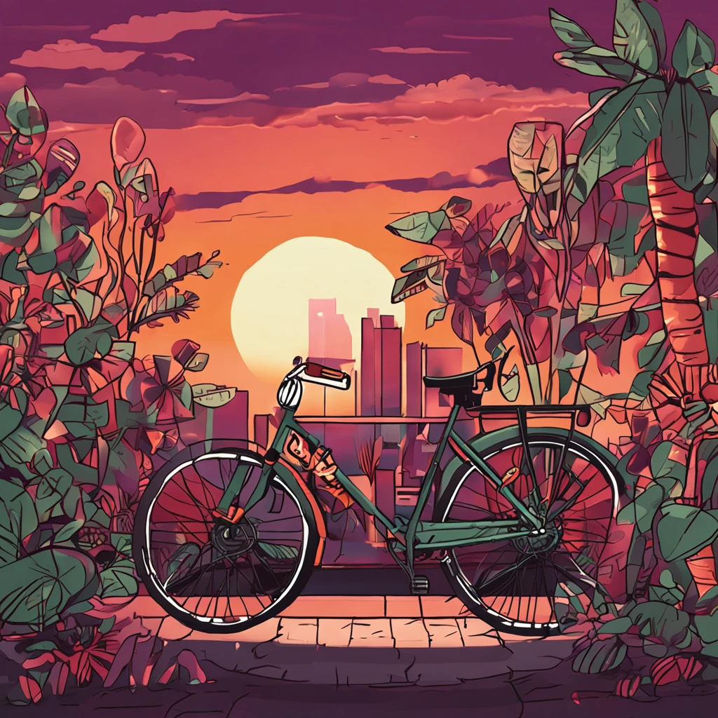 graphic boy bicycle sunset garden