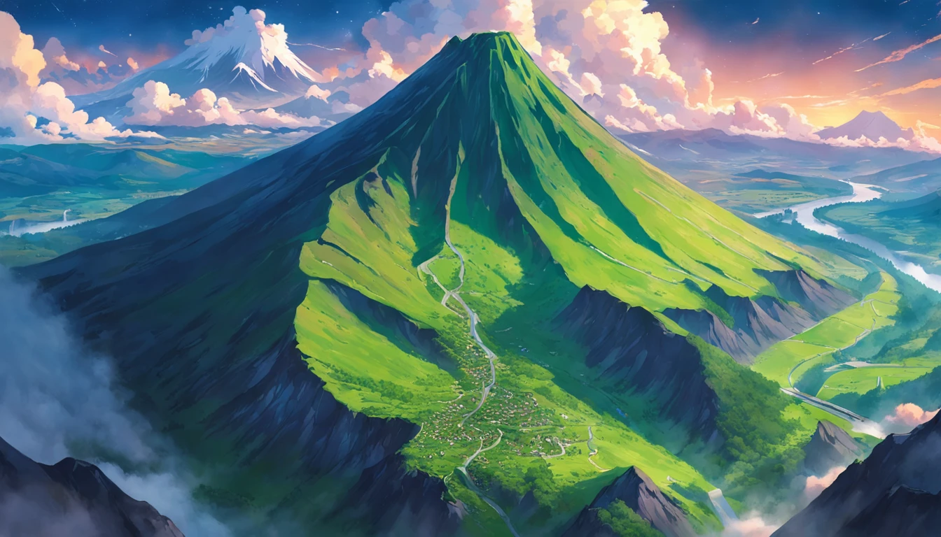 tmasterpiece,best qualityer,scenecy,green mountains,A large green mountain in the shape of pudding,There is a road through it, volcanoes, Aerial view of the mountain,Skysky