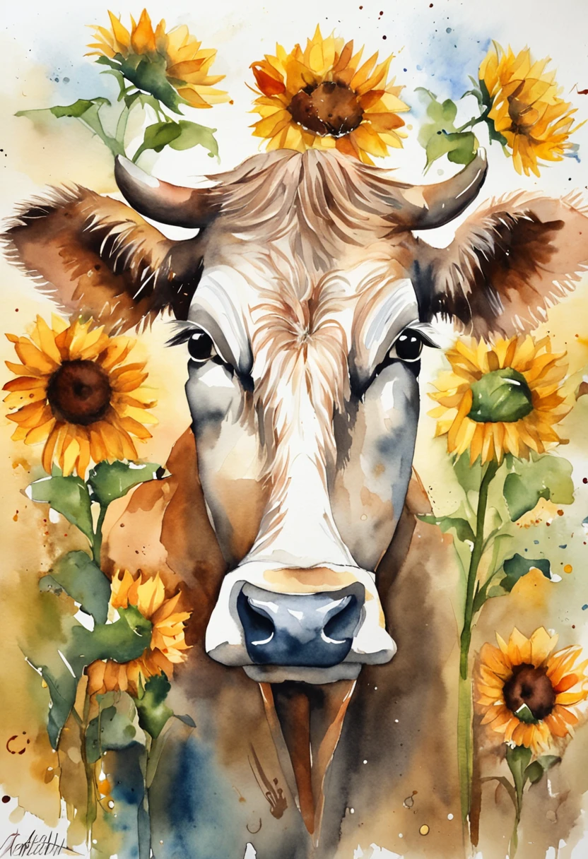 A lovely cow,Sunflowers are worn on their heads,Positive perspective,cow head,
