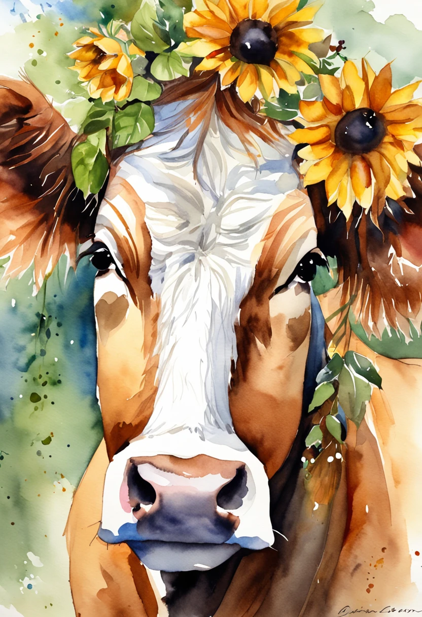 A lovely cow,Sunflowers are worn on their heads,Positive perspective,cow head,