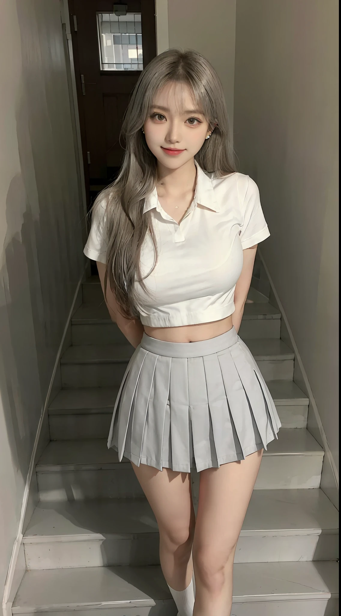gray eyes, korean school uniform, summer school uniform shirt, ribbon tie, korean student tight skirt, bright blonde, school stairs, going down school stairs, chest thrusting pose, chest showing off pose, 8k raw photo, high resolution, cool korean at , very big round breasts, beautiful eyes in detail, long eyelashes, beautiful double eyelids, eye shadow, eyeliner, cut eyes, elongated eye shape, Sanpaku eyes, evil smile, evil look, beautiful very thin legs, beautiful very thin thighs, random medium hair, hair tied behind the head, earrings,