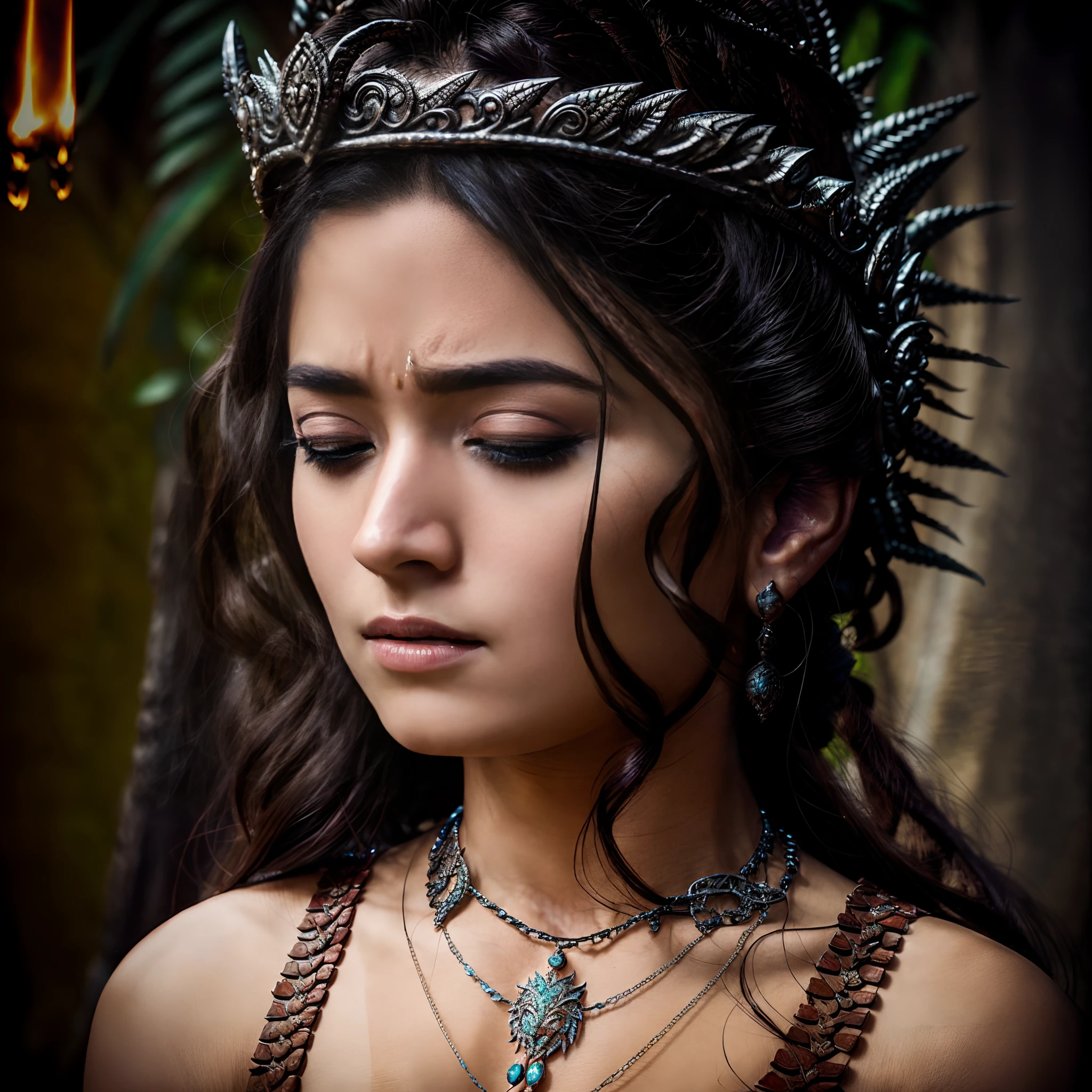 A {{{Rasmika}}} with a dragon headdress and a necklace, a character portrait inspired by (game of thrones), fantasy art, high quality fantasy stock photo, the dragon girl portrait, ornate cosplay, beautiful female , detailed , cinematic goddess close shot, fantasy concept art portrait