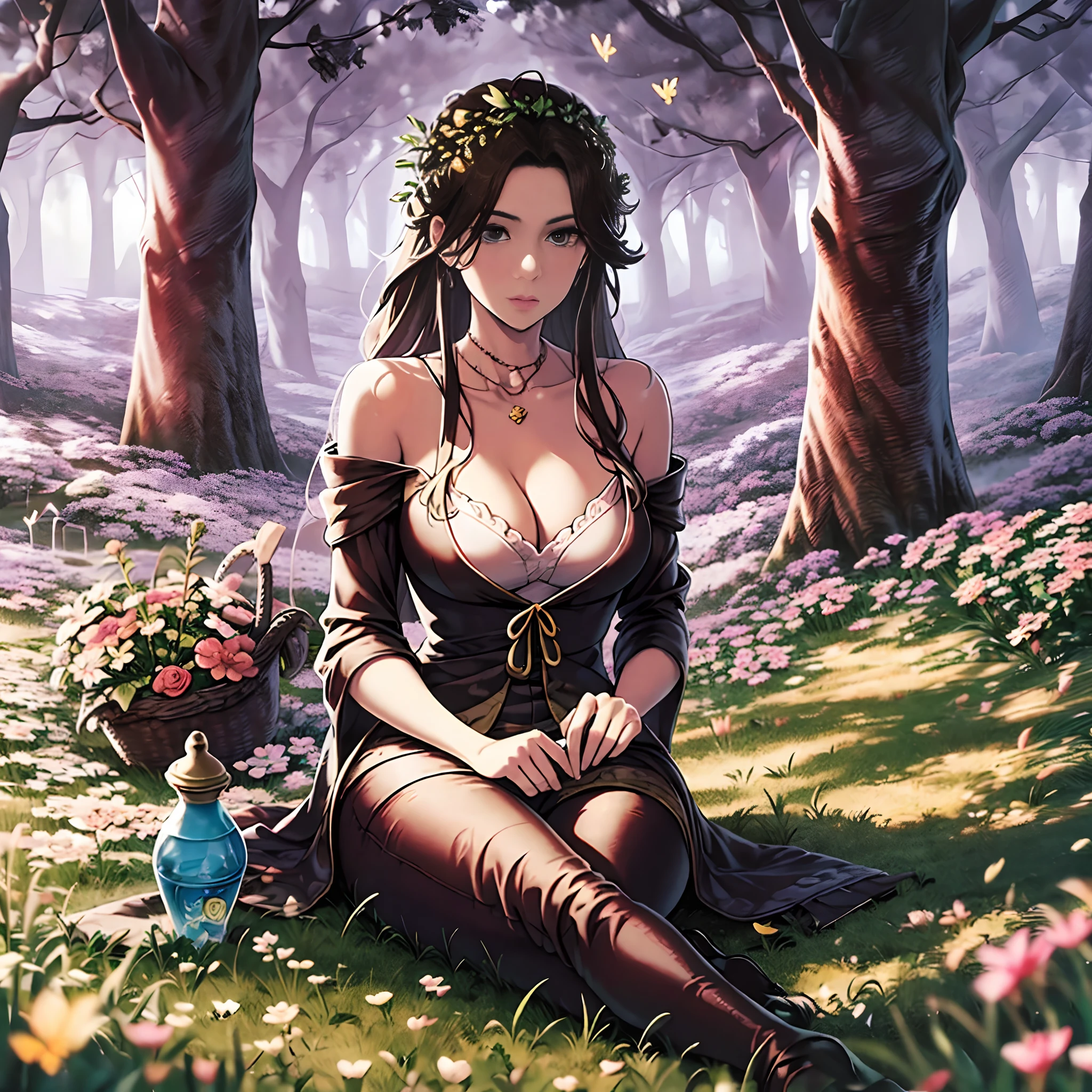 woman, age 30, milf, having a picnic in a picturesque meadow, surrounded by flowers, butterflies, and the gentle company of woodland creatures.