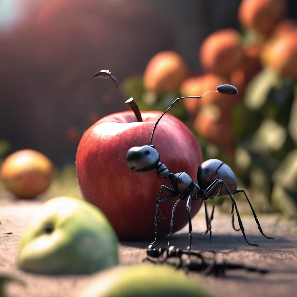 A giant ant lies on a bitten apple，The apple was bitten，Apple is missing a piece，An ant lies on an apple，Dreamy light，Low-angle lens shooting，photorealistic cinematic render, Cinematic 3D rendering, realistic cgi render, Depicted as a 3D rendering