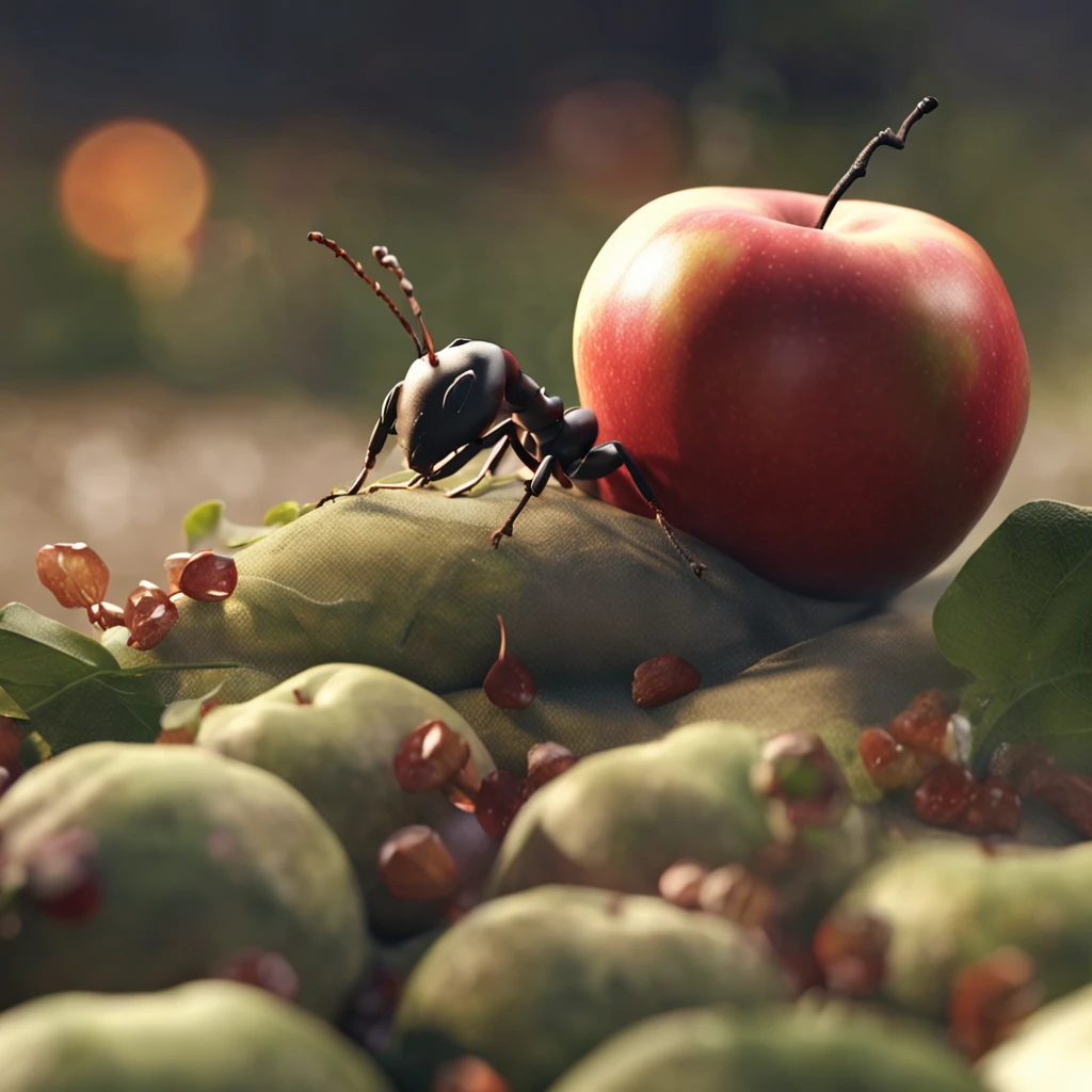 A giant ant lies on a bitten apple，The apple was bitten，Apple is missing a piece，An ant lies on an apple，Dreamy light，Low-angle lens shooting，photorealistic cinematic render, Cinematic 3D rendering, realistic cgi render, Depicted as a 3D rendering