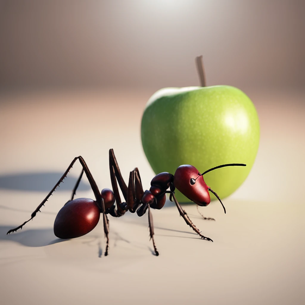 A giant ant lies on a bitten apple，The apple was bitten，Apple is missing a piece，An ant lies on an apple，Dreamy light，Low-angle lens shooting，photorealistic cinematic render, Cinematic 3D rendering, realistic cgi render, Depicted as a 3D rendering
