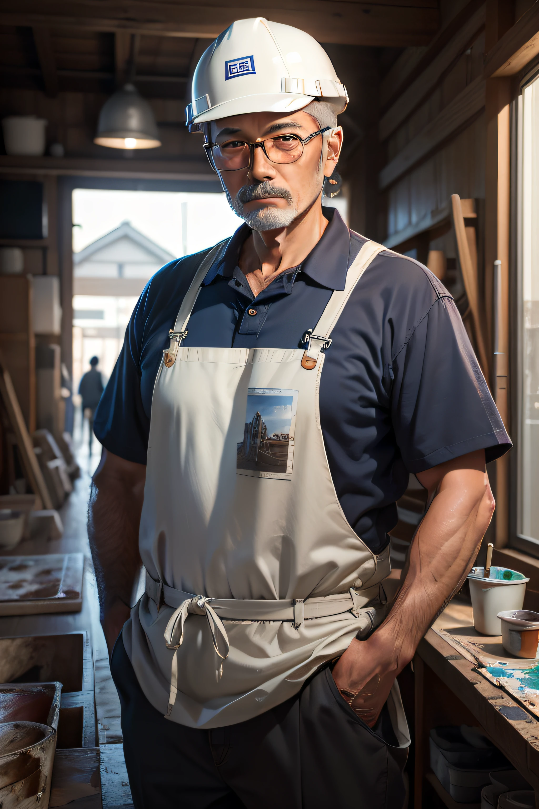 1人，50 years old, foreign painter, male，wearing work clothes，full bodyesbian，Wear a hard hat，Paint brush in hand，gentlesoftlighting，tmasterpiece，best qualtiy，8K  UHD，digital SLR camera，filmgrain，Midjourney and greg rutkowski's Fujifilm XT3 realistic painting art