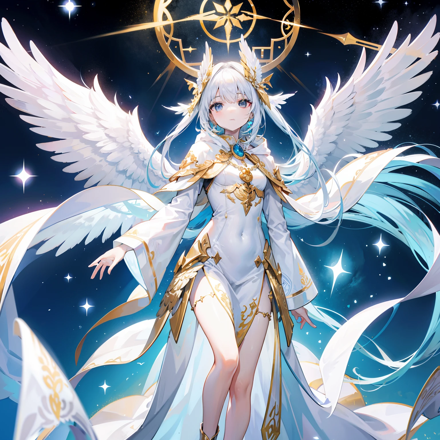 White cloak with wings outstretched，Like a big bird，It can transcend the cycle of time and space，Decorated with gold ornaments，It is a special form of biological life，Known as immortal like a bird