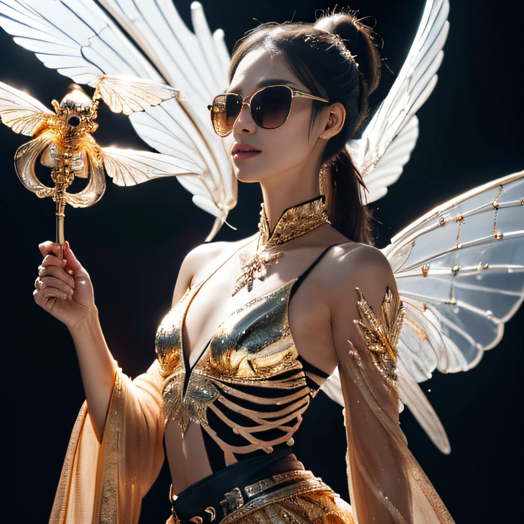 Wear thick gold-framed reflective sunglasses，32K（tmasterpiece，k hd，hyper HD，32K）Burgundy double ponytail，Silver Skull Abandoned Area of the Pond，Indigo Skull King ，Hold the steering wheel in your hand （The skeleton is realistic：1.4），Skull pattern robe，Silver skull flower ornaments，Petals flutter，Colored ball head，Hold your head high，Be proud，The nostrils look at people， A high resolution， the detail， RAW photogr， Sharp Re， Nikon D850 Film Stock Photo by Jefferies Lee 4 Kodak Portra 400 Camera F1.6 shots, Rich colors, ultra-realistic vivid textures, Dramatic lighting, Unreal Engine Art Station Trend, cinestir 800，Hold your head high，Be proud，The nostrils look at people，Tsundere，Petals flutter，Petals flutter，Sprinkle with gold dust，Fluttering，Impeccable，( reasonable design, Clear lines, High sharpness,Best quality, Very detailed skeleton, The skeleton of a masterpiece, offcial art, movie light effect, 4K skeleton（（（Wear thick gold-framed reflective sunglasses）））Transparent wings，（baton）（Baton in hand）（Giant stick）baton，