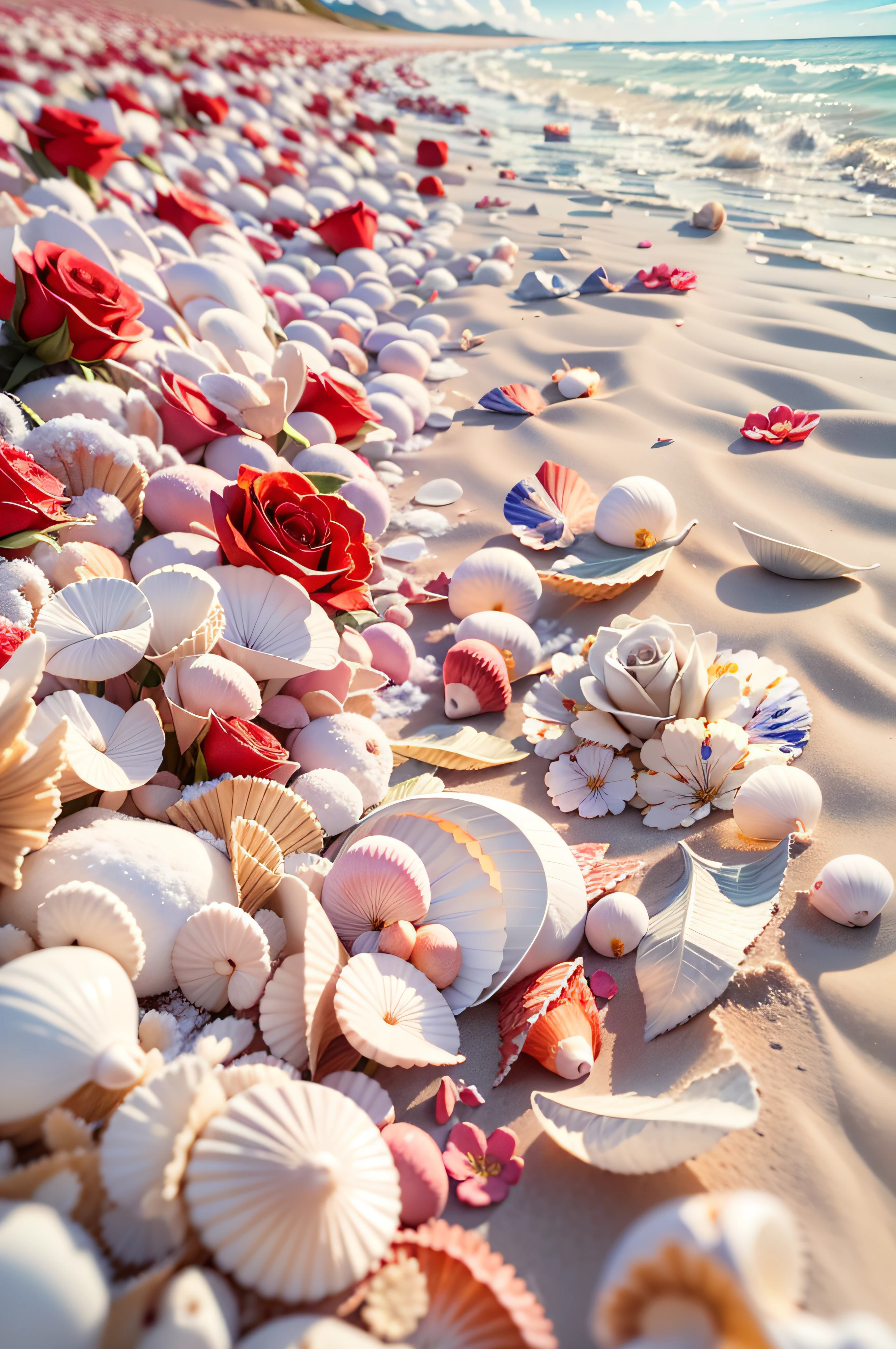 delicate scene,depth of field, 8K, The ivory sky,white clouds,and sunlight shine on the snow-white beach. The coral sea,and many colorful tinny shells on the beach,red roses, roses focus,