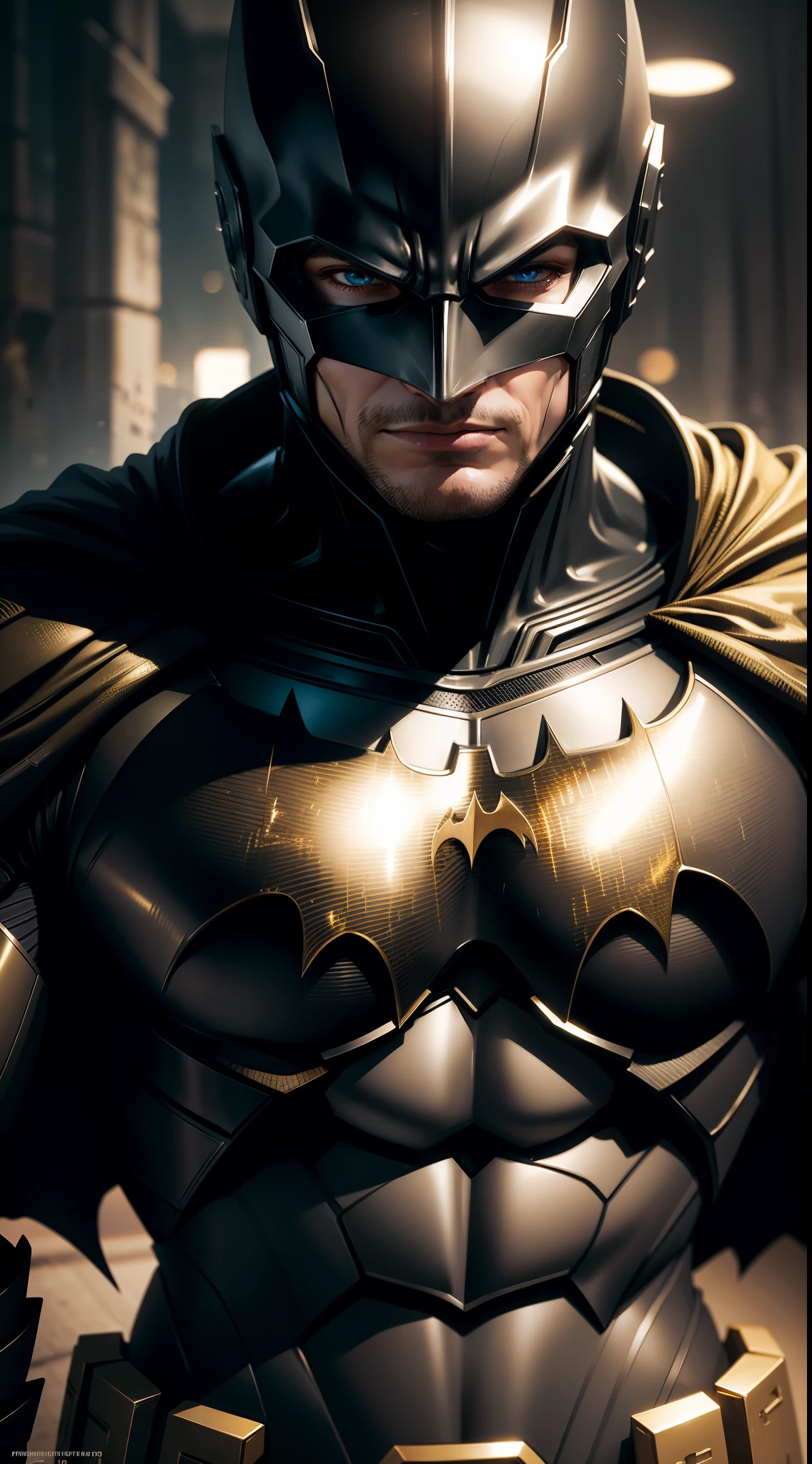 Future Batman with armor made of metallic gold, Close-up Shot Shot, A cinematic scene, ultra fine detailed, HD, Portlet lens