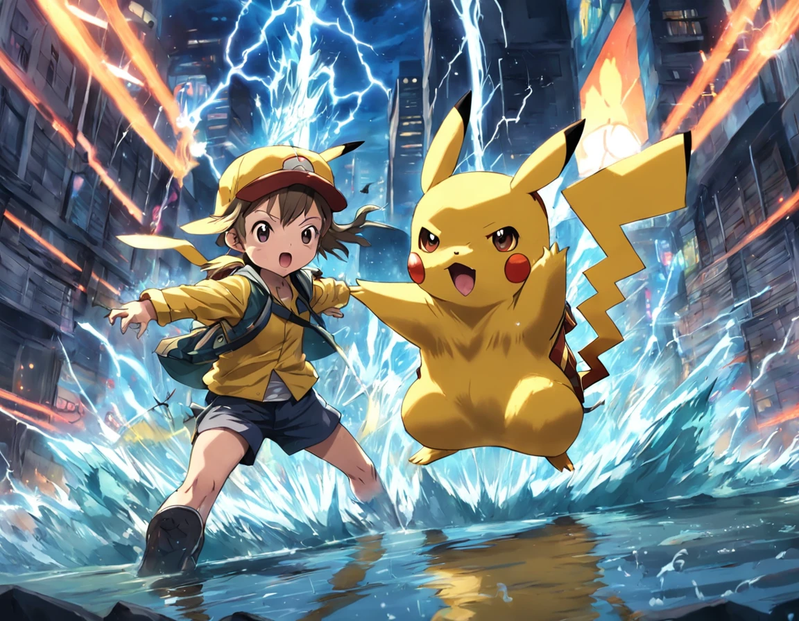 Pikachu unleashed a powerful 100,000-volt electric shock,The Jeni turtle attacks with a water cannon,The two Pokémon engage in a fierce battle。The boy witnesses this wonderful battle。
