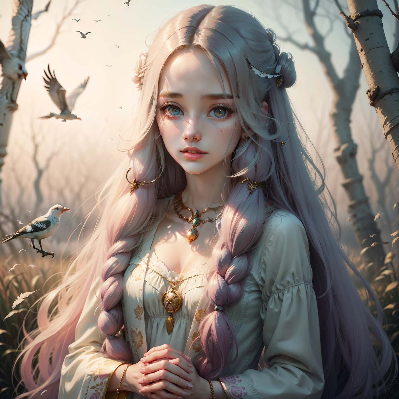 beautiful woman, peace, innocence, serenity, long hair, birds, surreal, pastel colors, high definition, stunning graphics