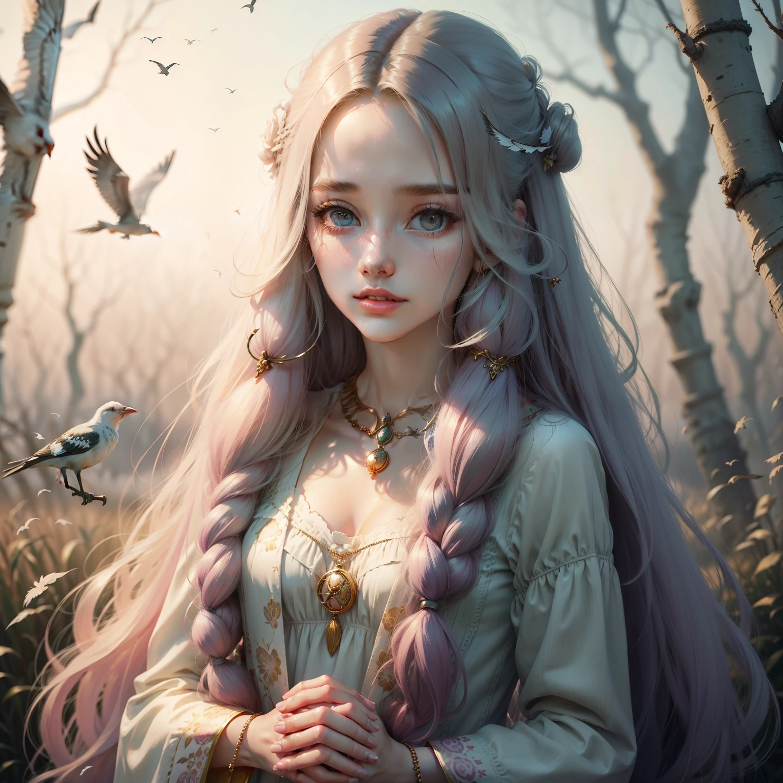 beautiful woman, peace, innocence, serenity, long hair, birds, surreal, pastel colors, high definition, stunning graphics