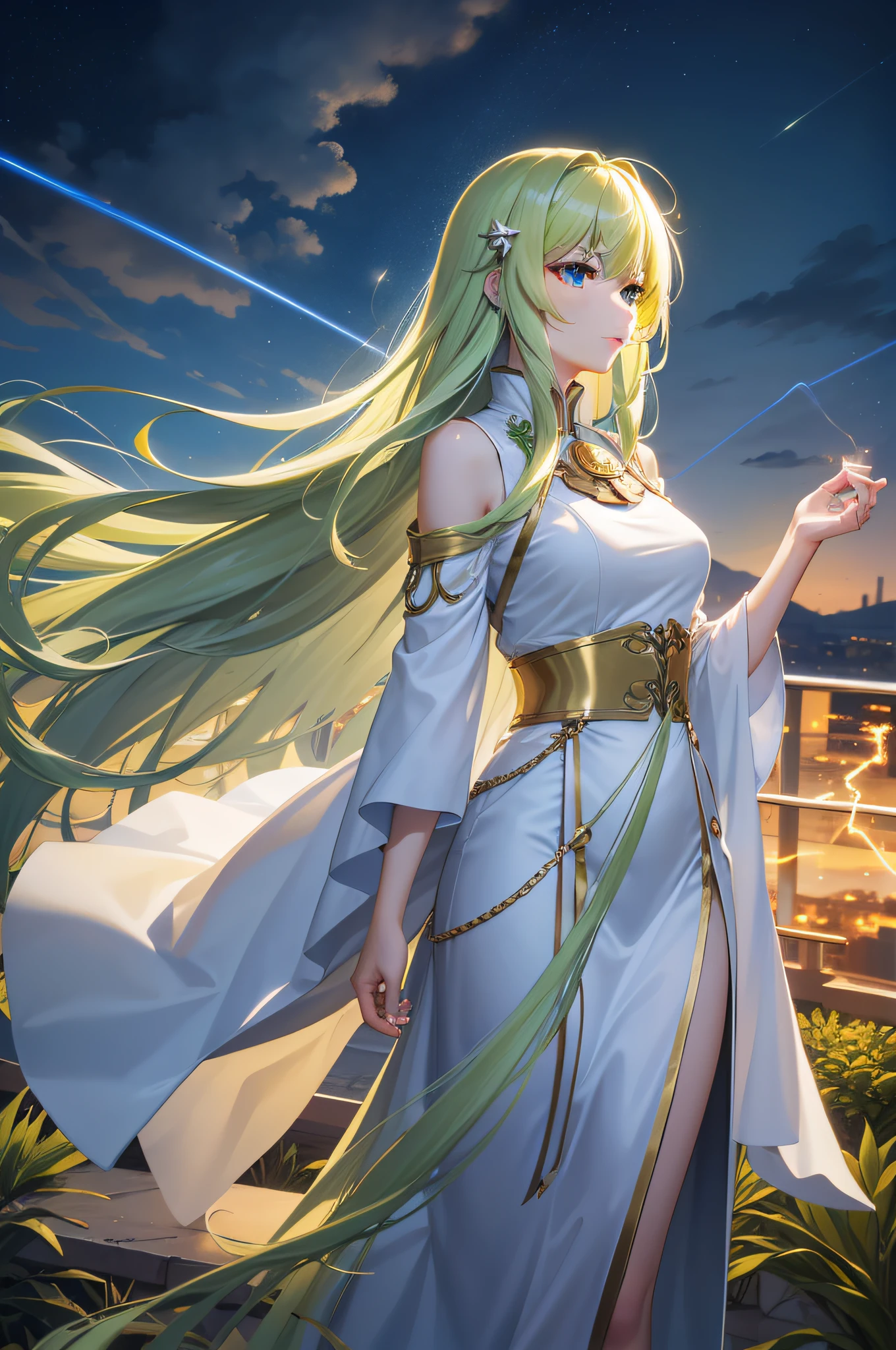green long hair,Very many golden lightning。