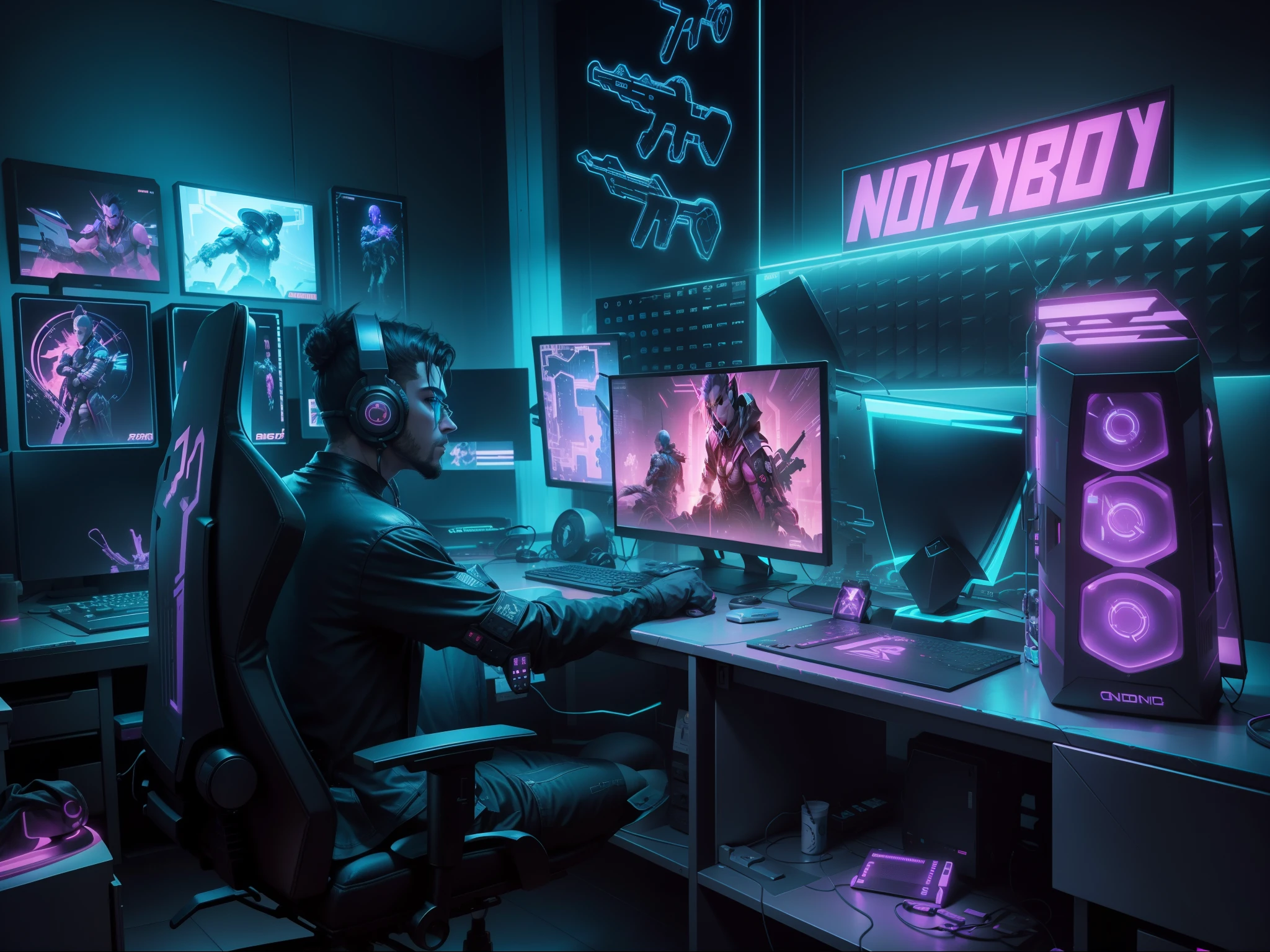 Cyberpunk gaming room, don't change the guy sitting on the chair
