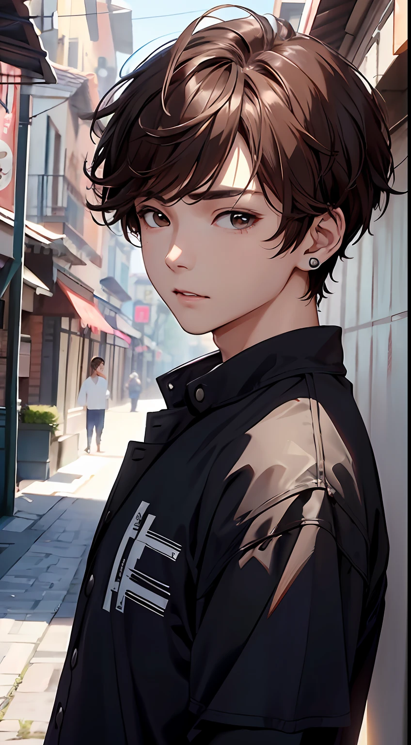 (hight resolution、ultra-detail)、masterpiece、top-quality、Male 、独奏、a handsome、short hair、brown hair、finely eye and detailed face、Casual clothing、Real Shadows、Joy、Connecting ears、The upper part of the body、