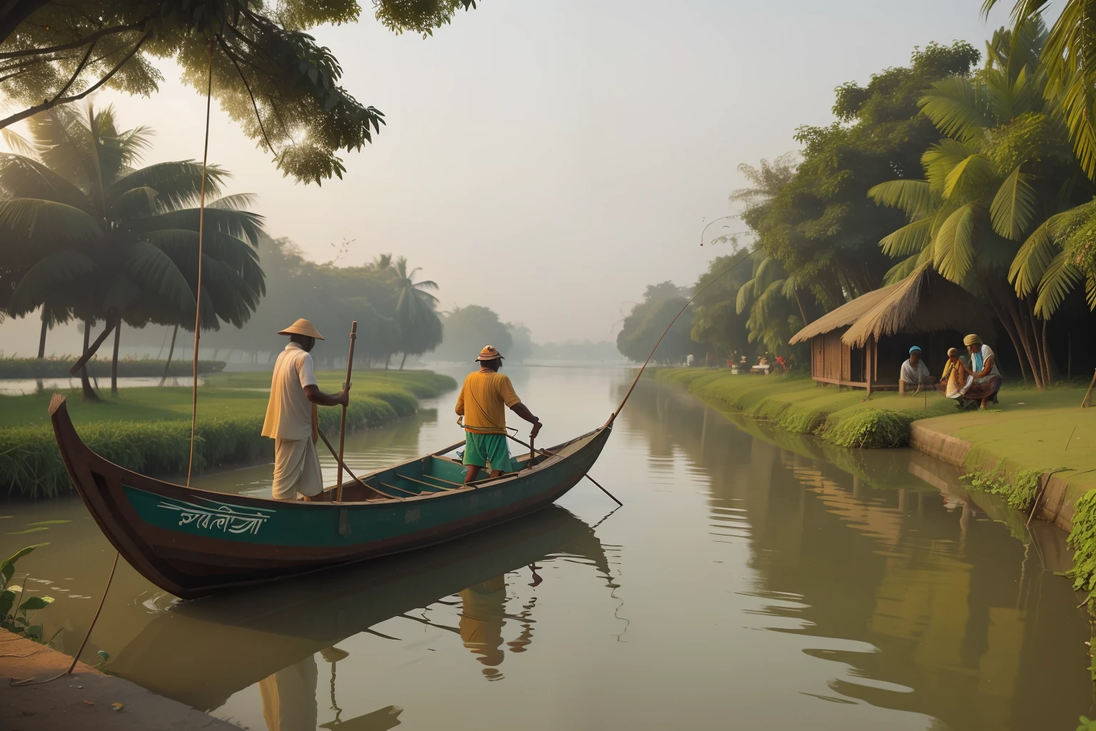 Date: 2022
Country: Bangladesh
Description:  In the same village, an adult Bangladeshi fisherman casts his net into a serene river, adding an element of livelihood to the atmosphere.