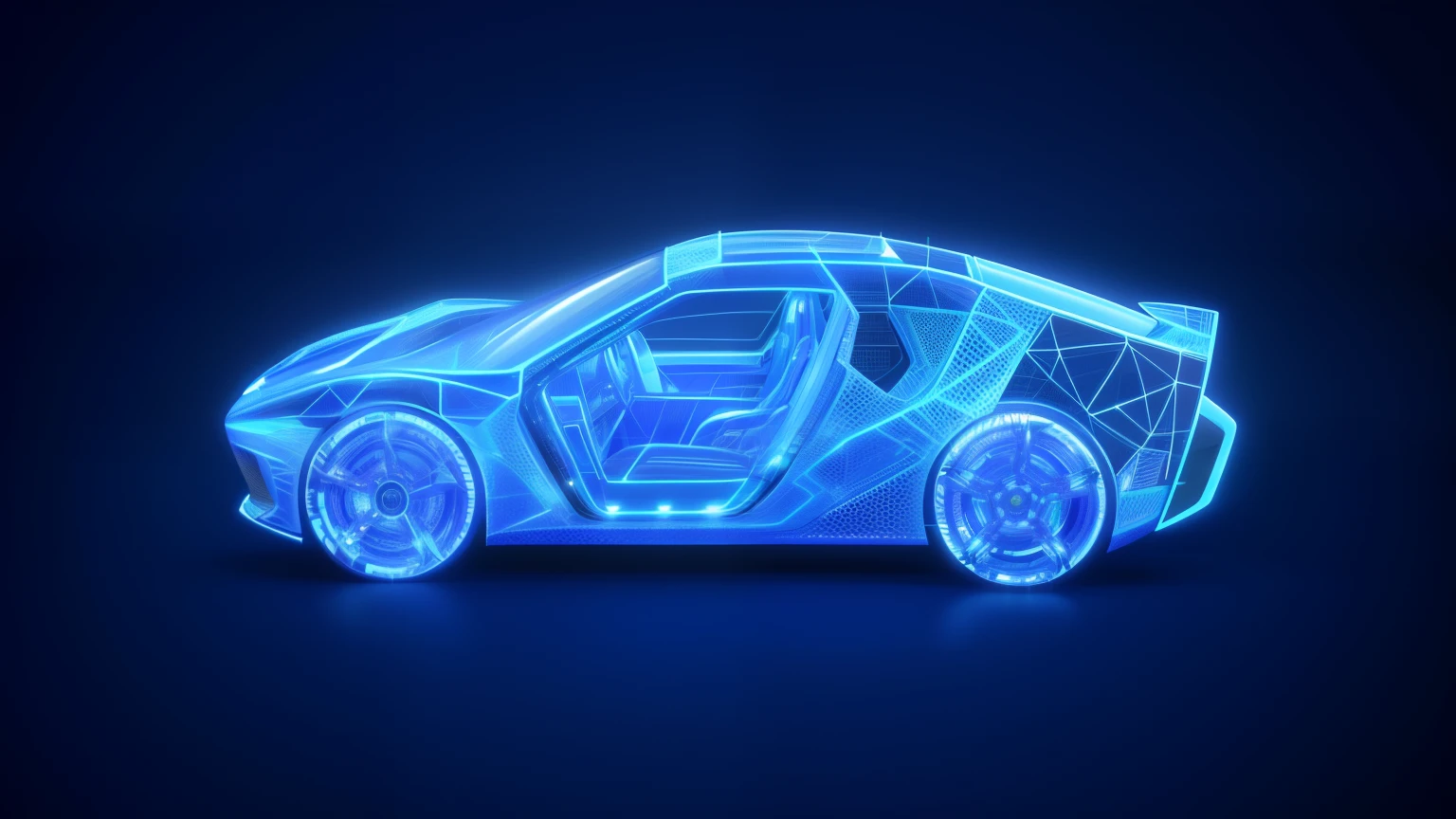 Blue wireframe of car on dark background, Hologram paint car, hydrogen fuel cell vehicle, futuristic product car shot, Futuristic car, futuristic cars and mecha robots, automotive design art, The Car, sci-fi car, car design, car concept, full view of a car, Futuristic car, futuristic car concept, digitally drawn, cyberpunk car