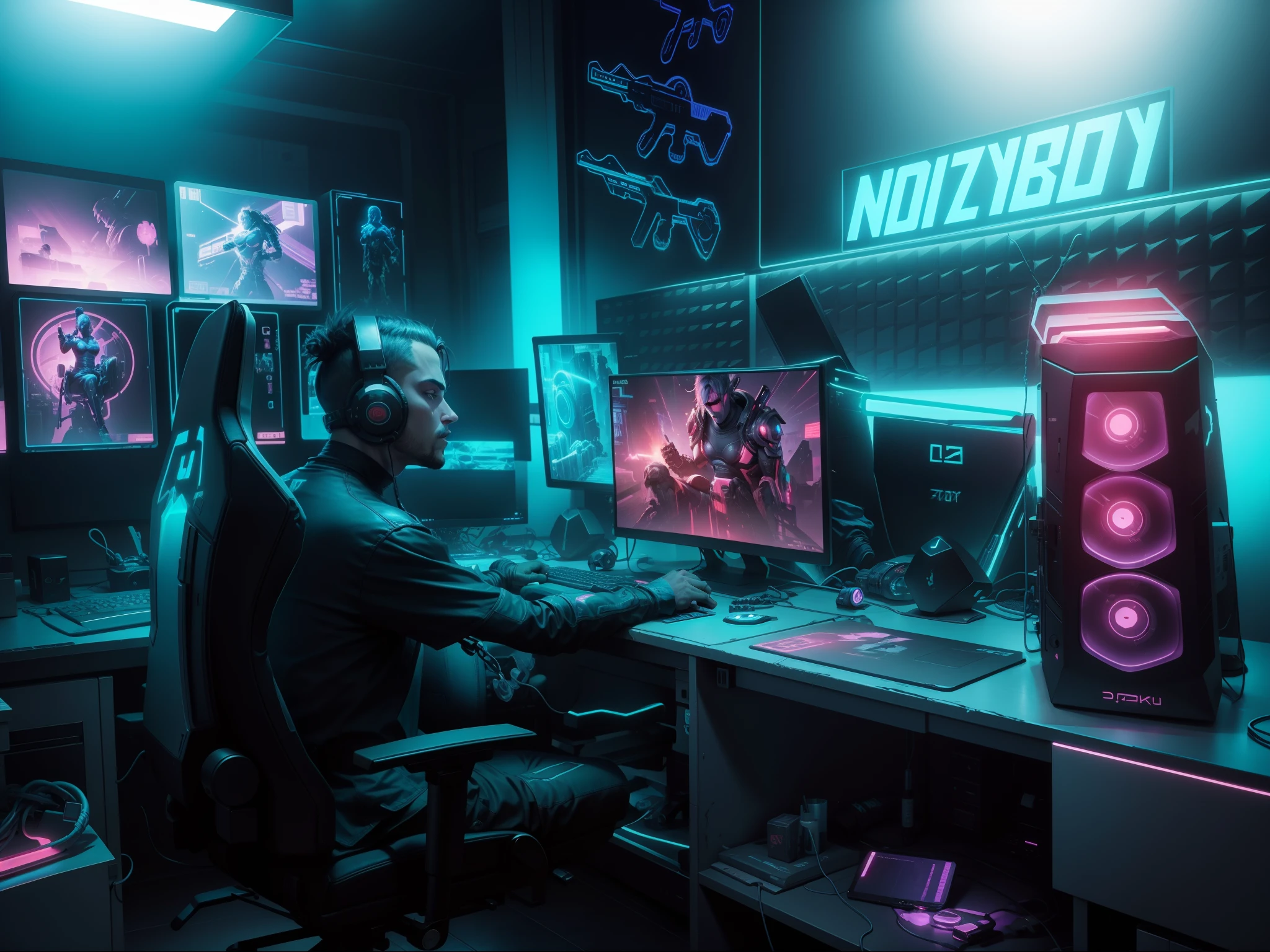 Cyberpunk gaming room, don't change the guy sitting on the chair