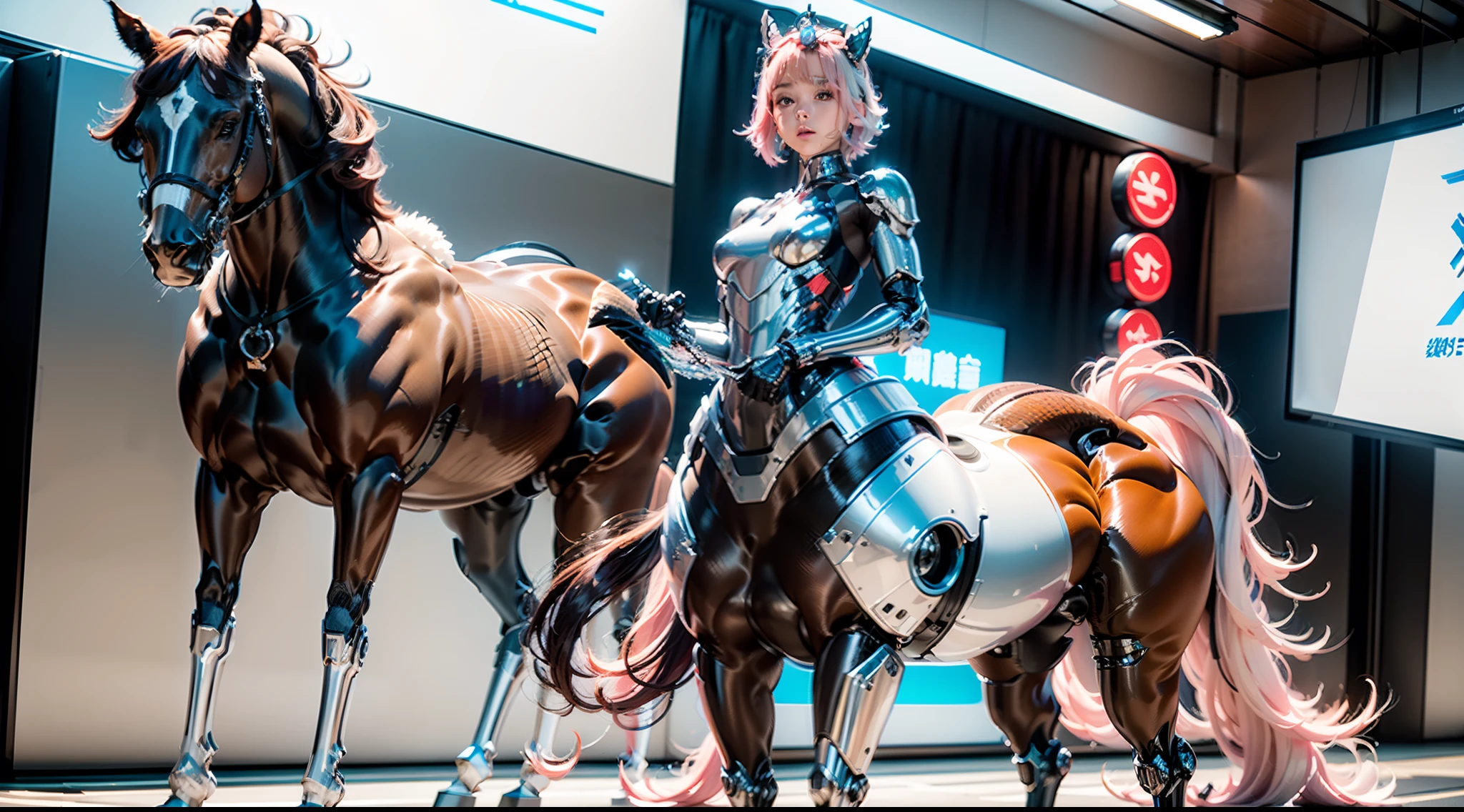 A female centaur,She is famous in the multiverse,She is both a female centaur, half human, half horse, half horse,It is also a female Yingzhao。She blends both images,The first is:((The head of the horse/neck/Shoulder these parts,Replaced with a beautiful female human upper body):9.9),of females are half-centaurs, half-horses, half-humans,The second is:((The head of the horse/neck/lower back/hason/gluteal/Shijo Thigh Female Embodiment):9.9),'s((Female half-horse with beautiful woman's):9.9,Chimer):9.9),(It's like a female human wearing a half-horse-like costume and making a seamless chimera:9.9),This chimerization is based on powerful futuristic technology。The ultra-wide-angle lens captures the image of her beautiful and ethereal wings on the ionosphere launching a super-high-speed charge and leaping。Her front half is distinctly feminine,Tall sexy body,possessed(K cup giant coconut tit chest:9.9),It has a small man's waist butterfly straddling(Long legs:9.9),The embedded interface of the half-horse part of the bent feminine state of the back half of the body is in the hip position。(The horse-shaped, half-horse torso form of her back body is completely female humanization9.9)。The chest cavity of a woman in the shape of a bent dog style embedded in the lower back position of the beautiful woman's body starting from the upper part of the sternum/lower back/Ventral transverse。Then there are the sexy beauty's upright hips,(Her entire body has been completely female and replaced by a female body:9.9),Including the half-horse part。Mechanized armor covers the legs with knee-shaped anti-joints and feet,And these parts are highly anthropomorphic,This makes her legs graceful and slender,Her four horse legs exploded in length proportions and was slender and toned,Under the legs are skinny white feet dressed in Skyscraper Heels,Use Midjourney's advanced stroke tools and color palettes, as well as texture packs, model packs, and texture tools,Concentration,Include all parts of her