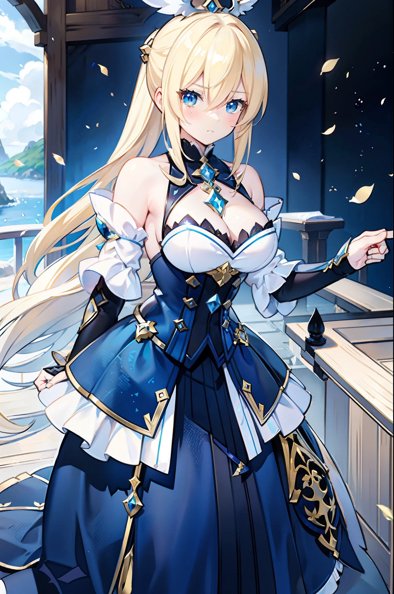 A blonde girl with blue eyes, shadowverse style, character art of maple story, Artoria Pendragon,  sad cerulean eyes, from bravely default ii, Azure. detailed hairs, MapleStory,Genshin::2