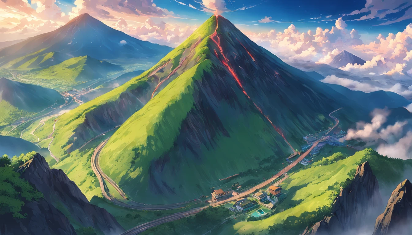 tmasterpiece,best qualityer,scenecy,Green mountains,Big green mountain in the shape of pudding,There is a mountain road leading to the summit,A sightseeing cable car access,Scenery,volcanoes, Aerial view of the mountain,Skysky