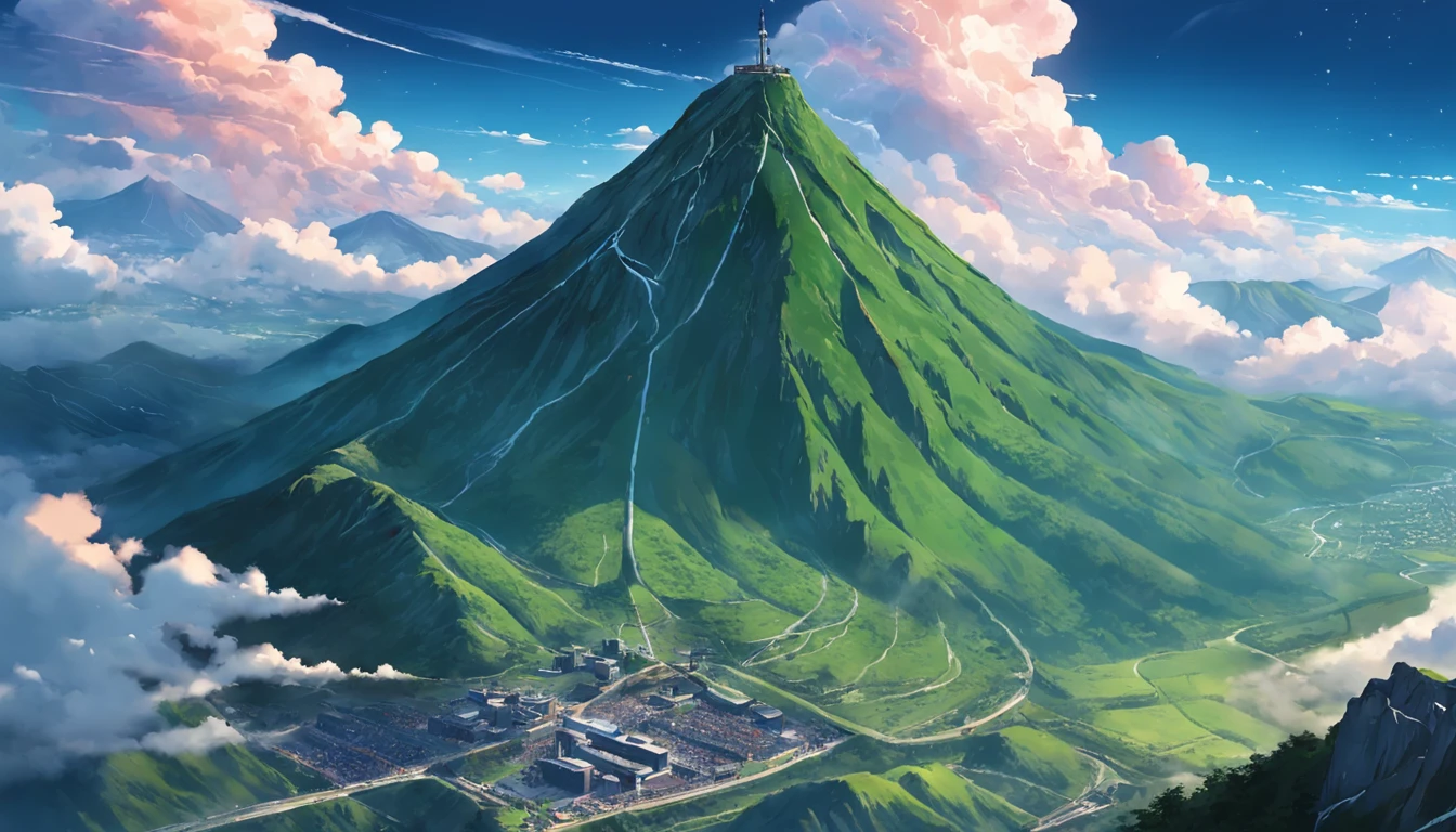tmasterpiece,best qualityer,scenecy,Green mountains,Big green mountain in the shape of pudding,There is a mountain road leading to the summit,A sightseeing cable car access,Scenery,volcanoes, Aerial view of the mountain,Skysky