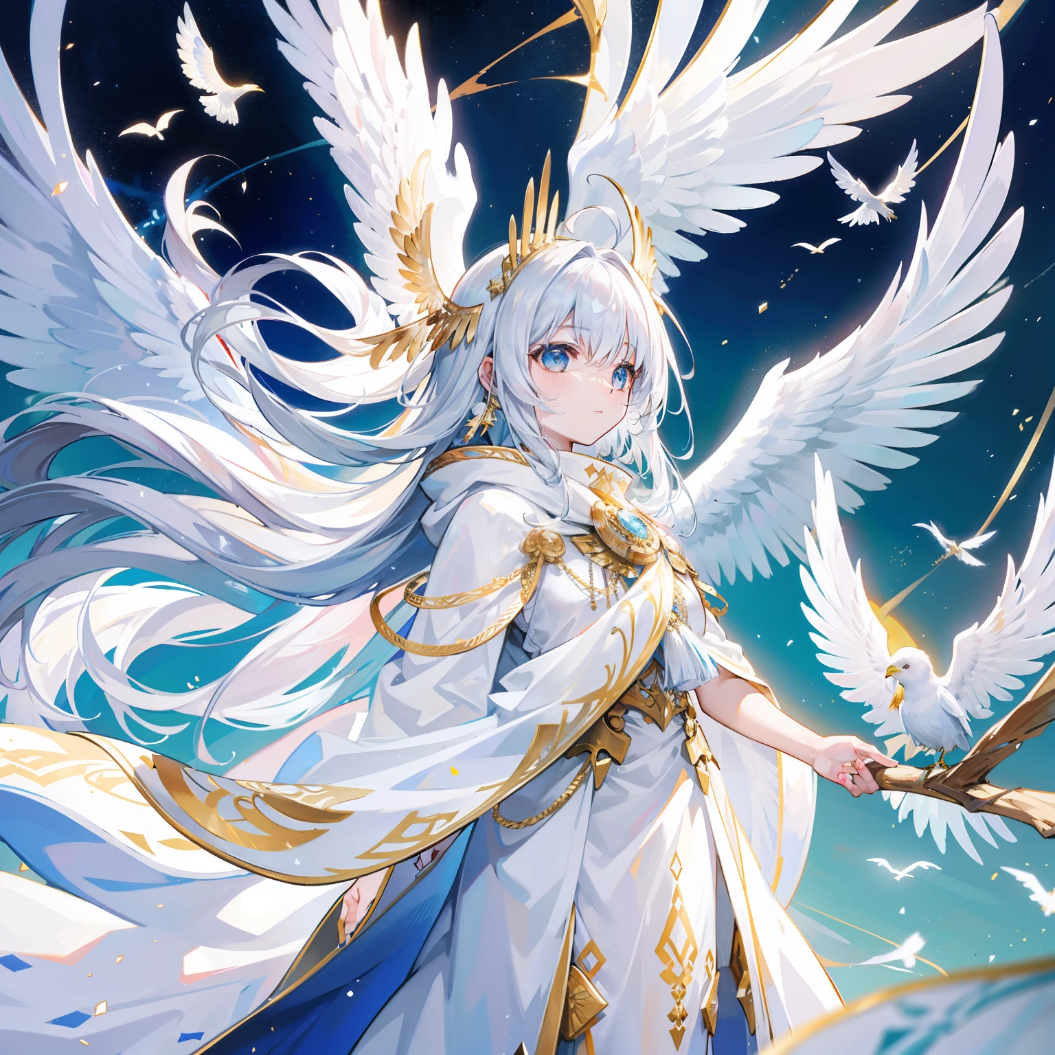 White cloak with wings outstretched,Like a big bird,It can transcend the cycle of time and space,Decorated with gold ornaments,It is a special form of biological life,Known as immortal like a bird