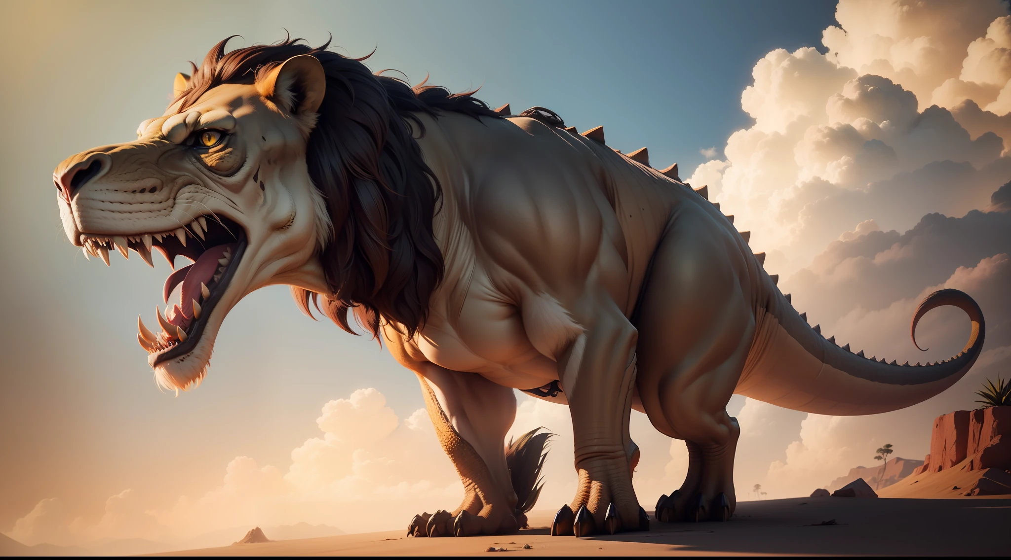 1 dinosaur with a lion's head, a 3D render,24 frames/sec, Realistic, Highly detailed, ultra - detailed,4K, photograph realistic, trending on artstration..