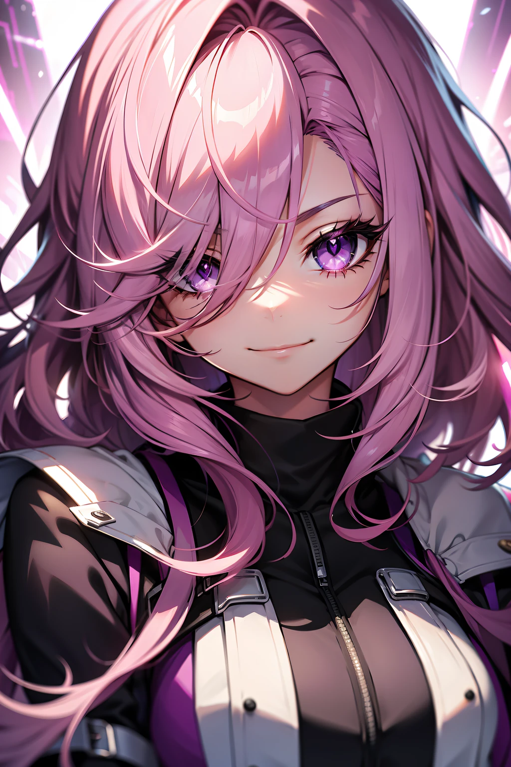 pink streaked purple hair, smile, purple eyes, glowing hair, spark hair, wavy hair, blue sclera,
