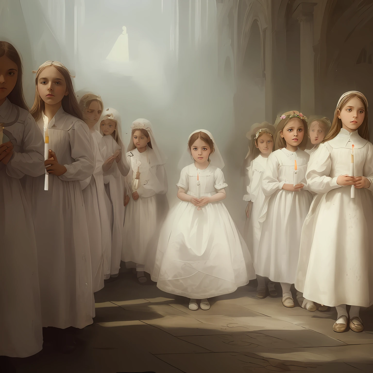 There are many children dressed in white dresses and holding candles, girls in First Communion, ceremony of the First Eucharist, 1895, 1896, anjos em vestidos de gaze branca, slav epic, foto realista, nineteenth century, Italy, 1897