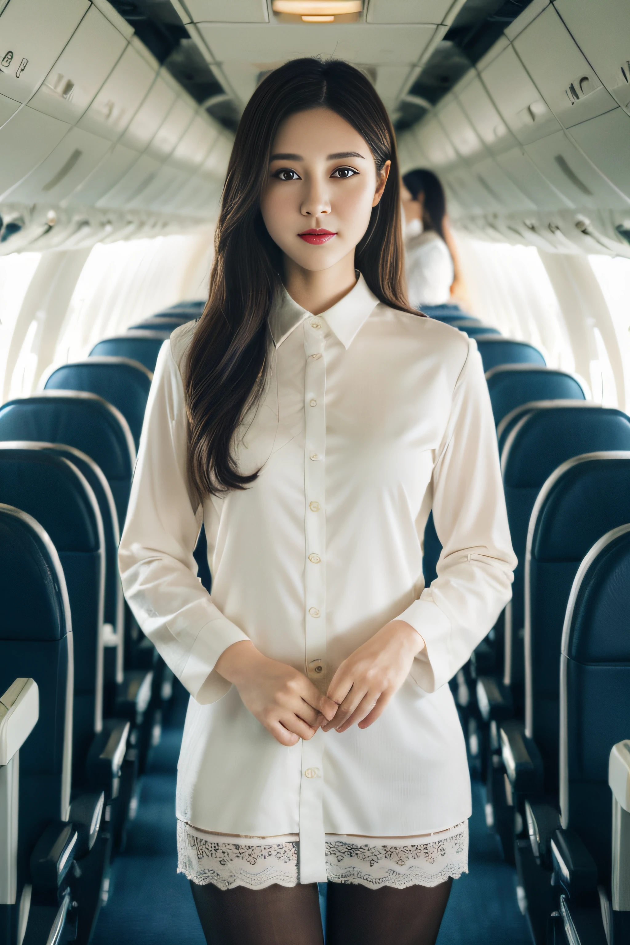 best quality, masterpiece, 8k, ultra high res, (photorealistic:1.4), highly detailed, intricate detail, delicate and beautiful, good lighting, professional lighting, sharp focus, detailed shadows, exquisite details and textures, depth of field, unity 8k wallpaper, cinematic composition, cinematic lighting, official art, Cabin Crew, flight attendant, black pantyhose, (aircraft, (Aircraft Corridor), Aircraft seats) beautiful elegant face, detailed face, detailed eyes, realistic hair, long hair, (1girl), (standing:1.3),