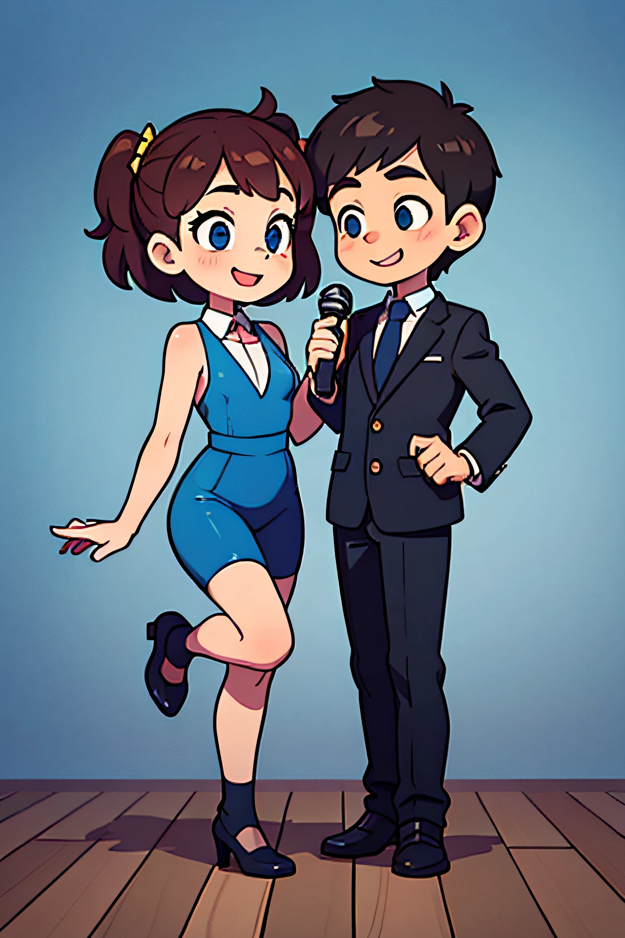 A playful and cute little girl and a cute little boy in black business clothes，standing on your feet，Full body photo，Q version，holding a mic，Smile to interview another person