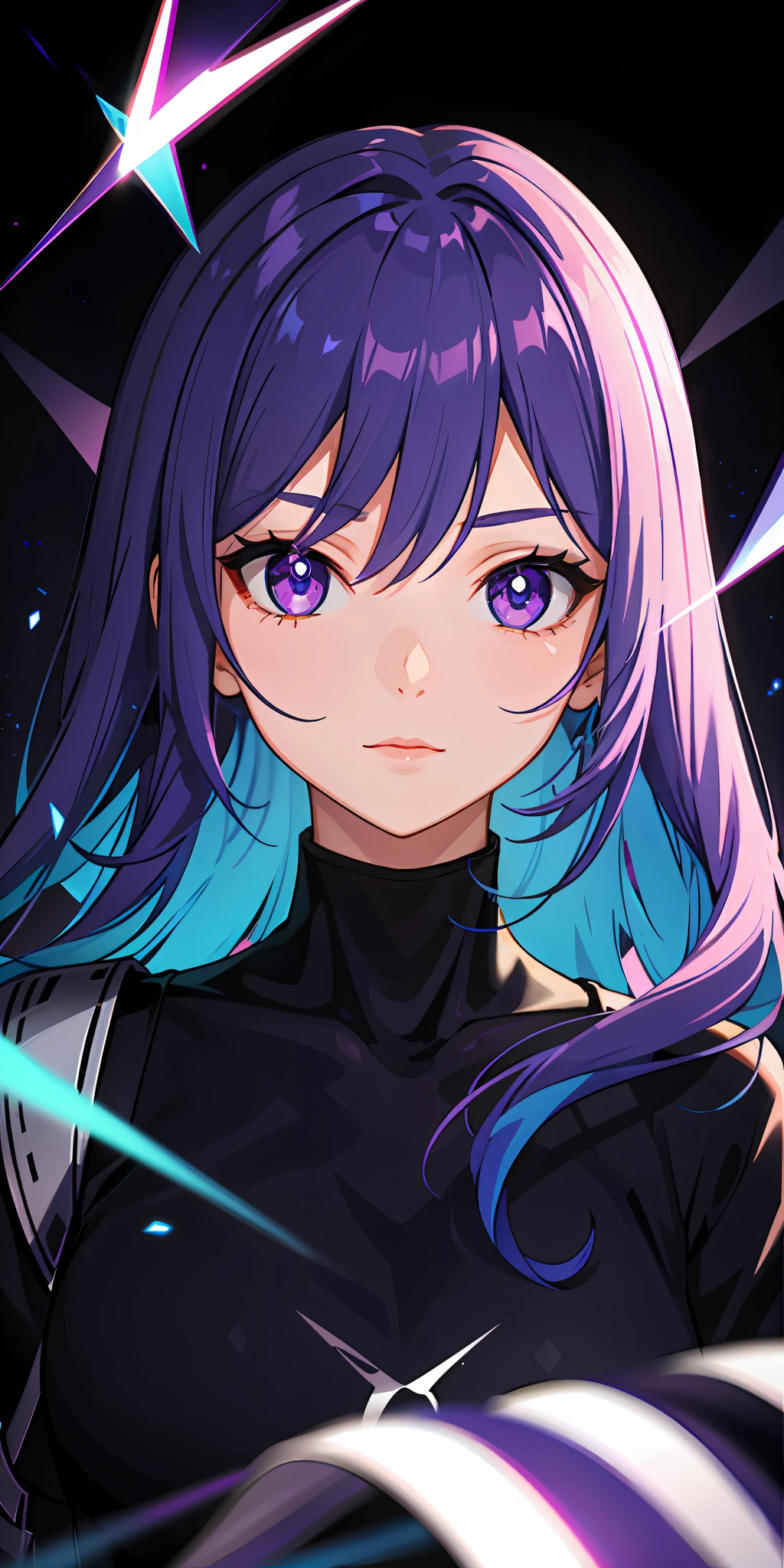 1girl, blue and purple hair, multicolored hair, purple eyes, head mask, side lighting, light particles, wallpaper,