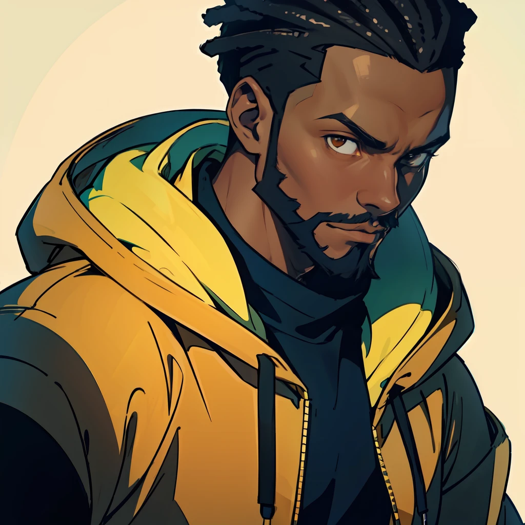there is an African man in a hoodie looking up at the camera, brown eyes, black short hair, short beard, very very low quality picture, selfie, profile picture, looking defiantly at the camera, looking away from camera, showing forehead, hood and shadows covering face, 80's anime style
