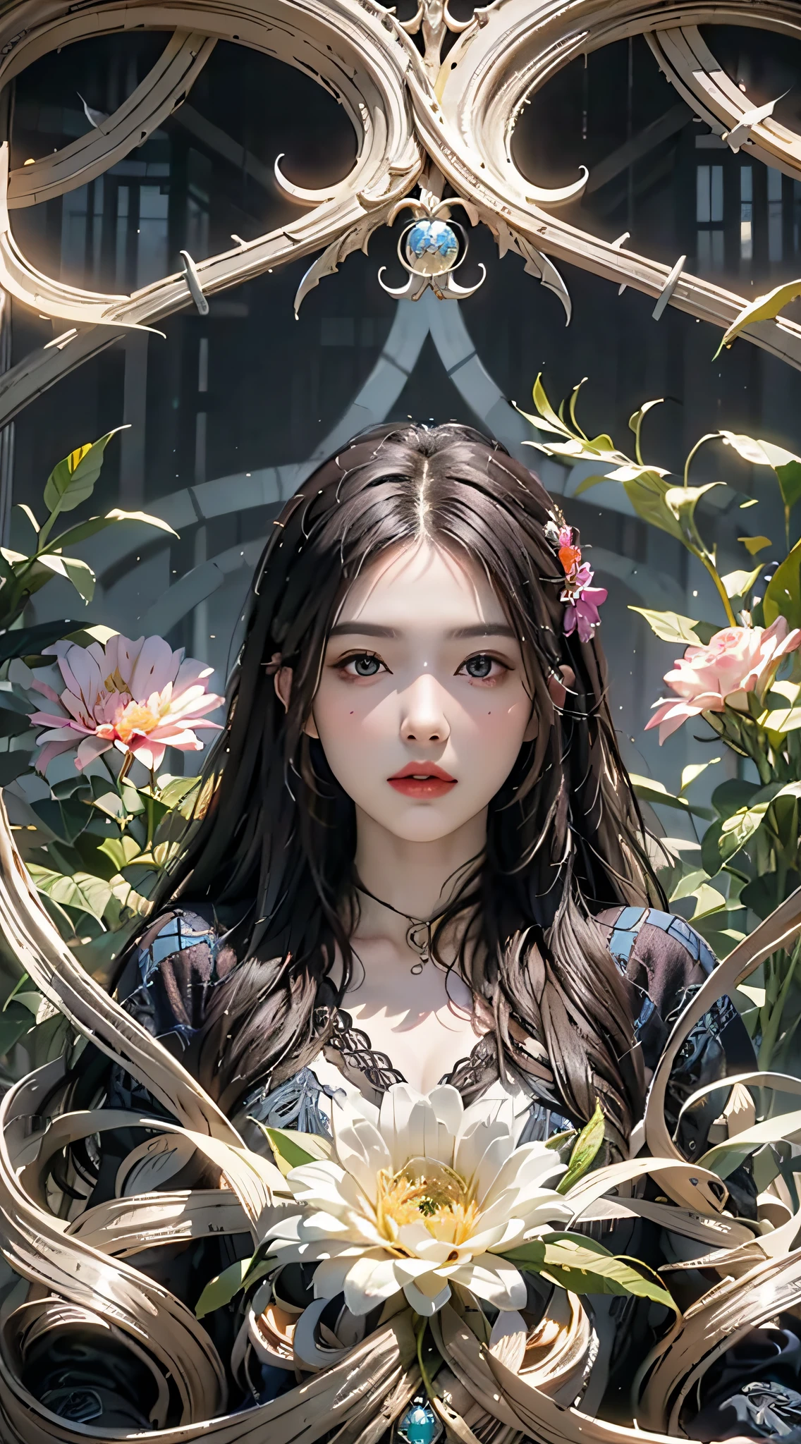 official art, unity 8k wallpaper, ultra detailed, beautiful and aesthetic, beautiful, masterpiece, best quality, (zentangle, mandala, tangle, entangle), (ecstasy of flower:1.2), dynamic angle, cowboyshot, the most beautiful form of chaos, elegant, a brutalist designed, vivid colours, romanticism, atmospheric