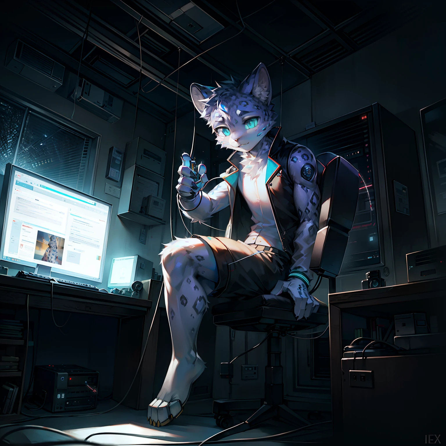 robot Leopard,Wear white vest,Black shorts,electrical wires,Electric currents,Computer,sit on a bed,(photo-realistic)