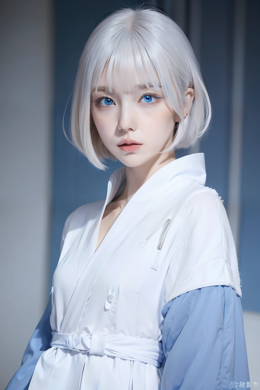 Manteau blanc,whaite hair,short detailed hair,Blue eyes,low head,full bodyesbian,Need,tmasterpiece