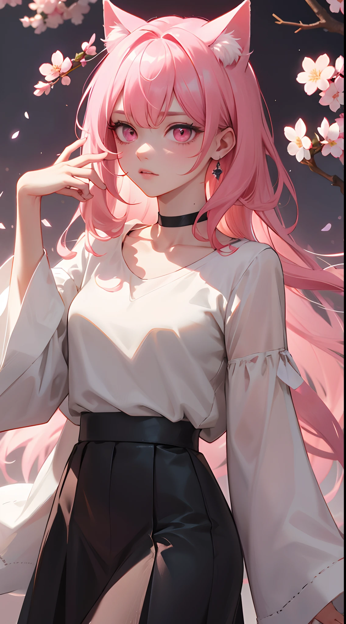 a handsome female，delicate facial features，long pink hair，pink cat ears，pink eyes，White top with sleeves,Choker, blackskirt,Sakura，K HD，higly detailed，hiquality，Good atmosphere，Delicatessen，CG рендеринг，Detailed rendering，（Subtle facial image）（Image of fine hair）（topquality）（Masterpieces of masters）（High degree of completeness）（A sense of atmosphere）