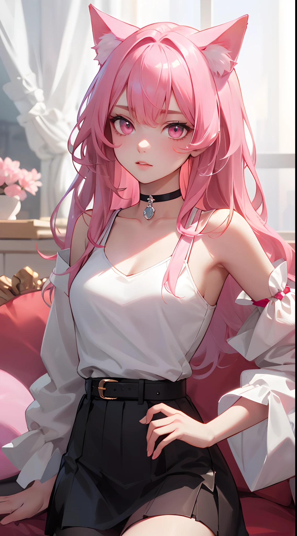 a handsome female，delicate facial features，long pink hair，pink cat ears，pink eyes，White top with sleeves,Choker, blackskirt,Sakura，K HD，higly detailed，hiquality，Good atmosphere，Delicatessen，CG рендеринг，Detailed rendering，（Subtle facial image）（Image of fine hair）（topquality）（Masterpieces of masters）（High degree of completeness）（A sense of atmosphere）