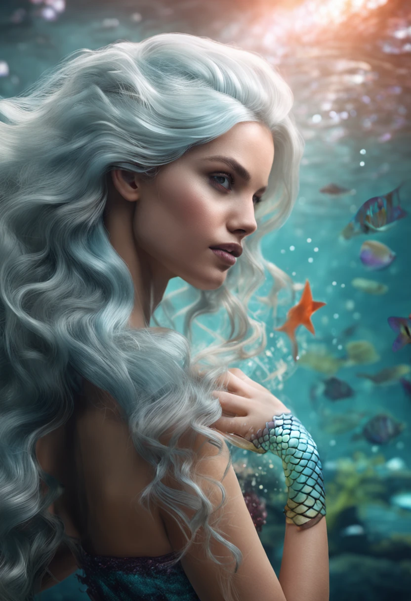 mermaid big tail beautiful white hair