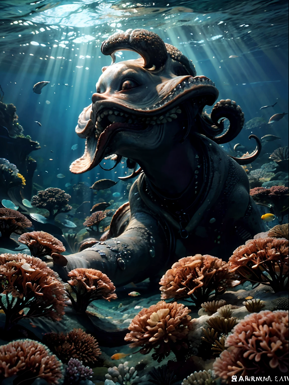 Irradiated octopus,Deep sea background, Undersea scene, Underwater light,jelly fish, Irradiated coral reefs, Sea of Radiation, Dynamic Angle, Break,Detailed,Realistic,4k highly detailed digital art,rendering by octane, Bio-luminescence, Break free from 8K resolution concept art, Realism,by Mappa Studios,Masterpiece,Best quality,offcial art,illustration,清晰的线条,(Cool_Color),Perfectcomposition,absurderes, fantasy,Focused,Rule of thirds,Corroded seabed
