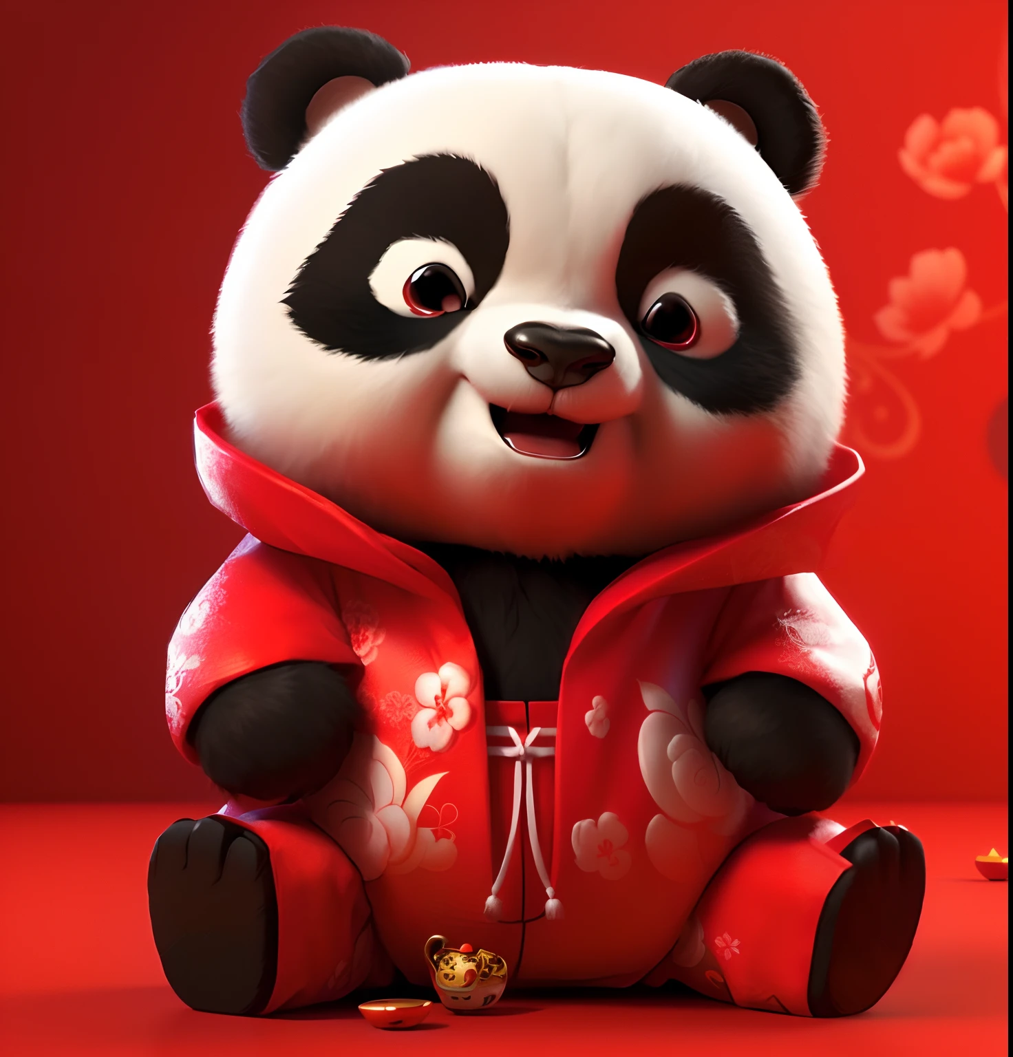 Panda in red Chinese costume sitting on a red surface, cute 3 d render, 3D model of a Japanese mascot, Cute panda, inspired by Luo Ping, panda panda panda, wojtek fus, paul lung, Panda, inspired by Mi Fu, Kung Fu Panda, lovely digital painting, Inspired by Feng Zhu, inspired by Lu Guang