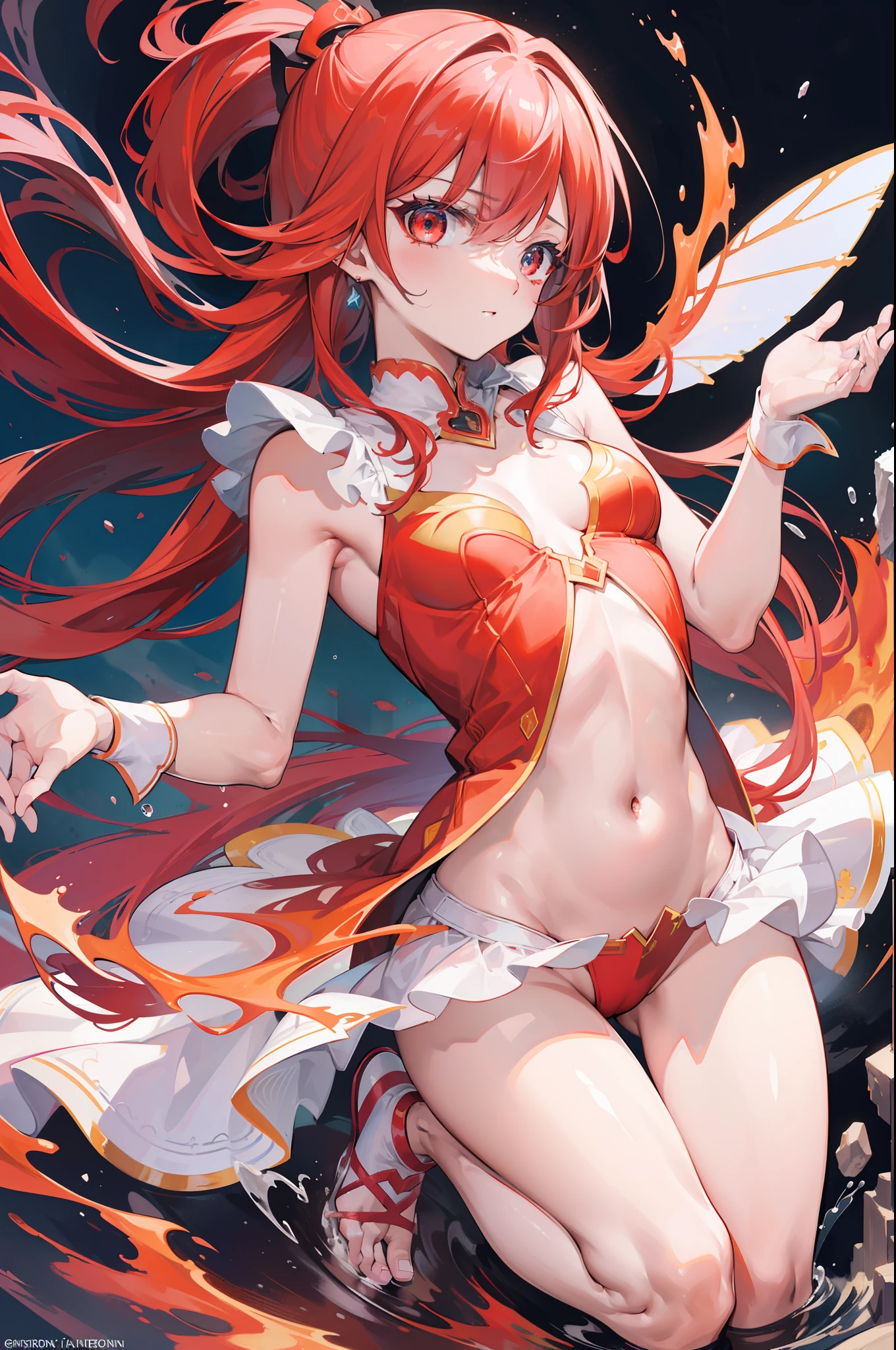 (8K、HighestQuali、tmasterpiece:1.2),hyper HD, retinas, Anatomically correct, Textured skin, Super detail, Best quality, A high resolution、Hyper-detailing,Solo,1 girl,full body,little Fairy,(red hair),red eyes,small breasts,Fairy dress,flying,volcano background,(Splashing magma everywhere:1.3),high high quality,tmasterpiece,Delicate facial features,Delicate hair,Delicate eyes,Delicate hair,A high resolution,beautifuldetails,Excellent human anatomy