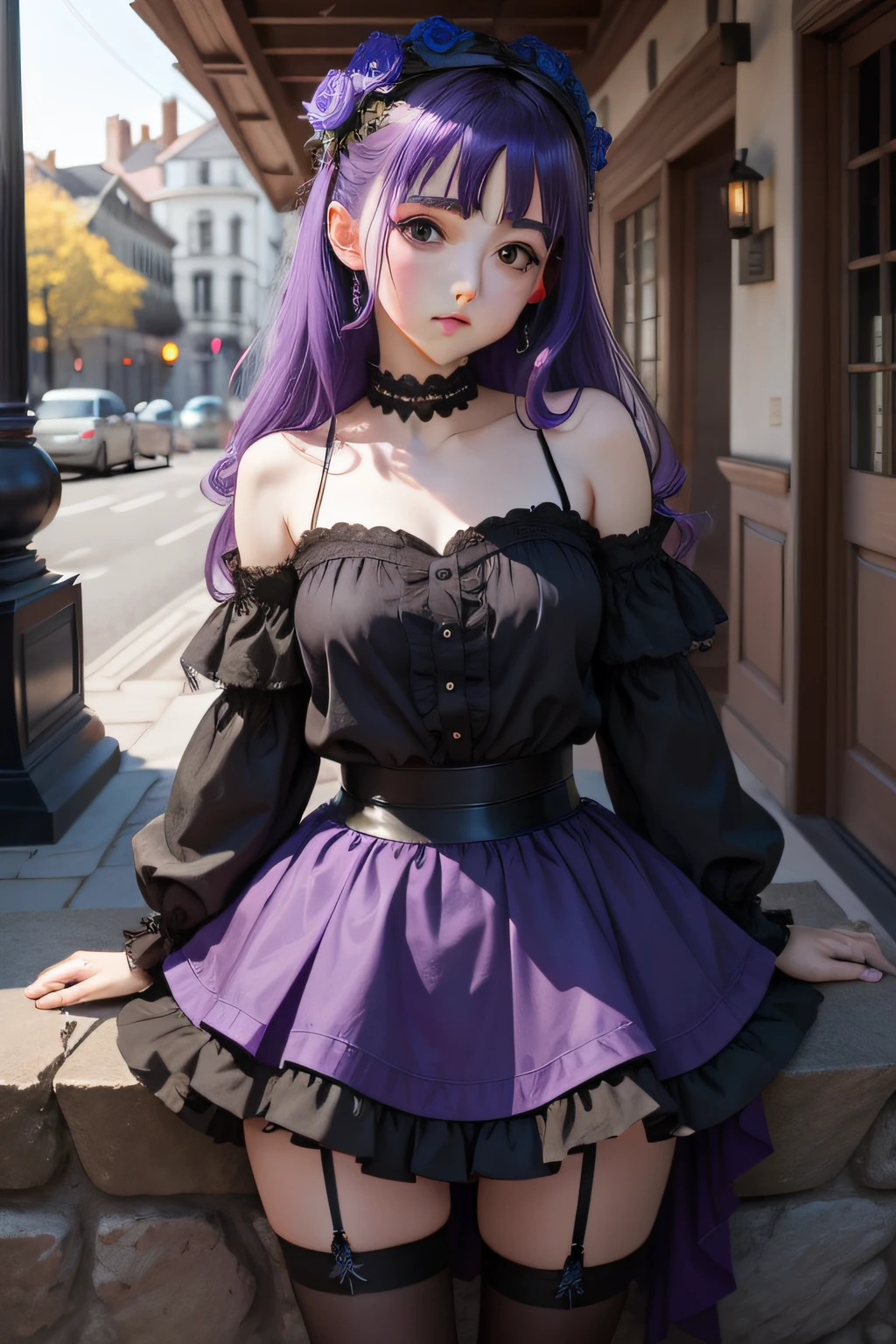 The purple-haired girl's gaze fell on the blue stone,Wearing a black tutu