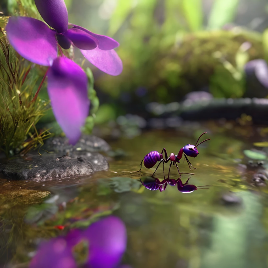 An ant looking in the mirror by the stream,An ant uses the stream as a mirror,High-angle lens shooting,photorealistic cinematic render, Cinematic 3D rendering, realistic cgi render, Depicted as a 3D rendering