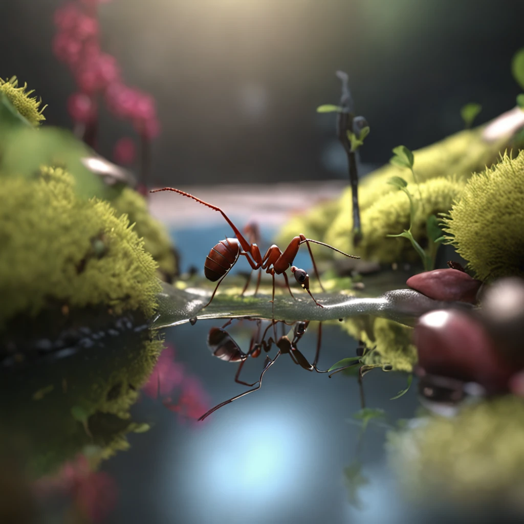 An ant looking in the mirror by the stream,An ant uses the stream as a mirror,High-angle lens shooting,photorealistic cinematic render, Cinematic 3D rendering, realistic cgi render, Depicted as a 3D rendering