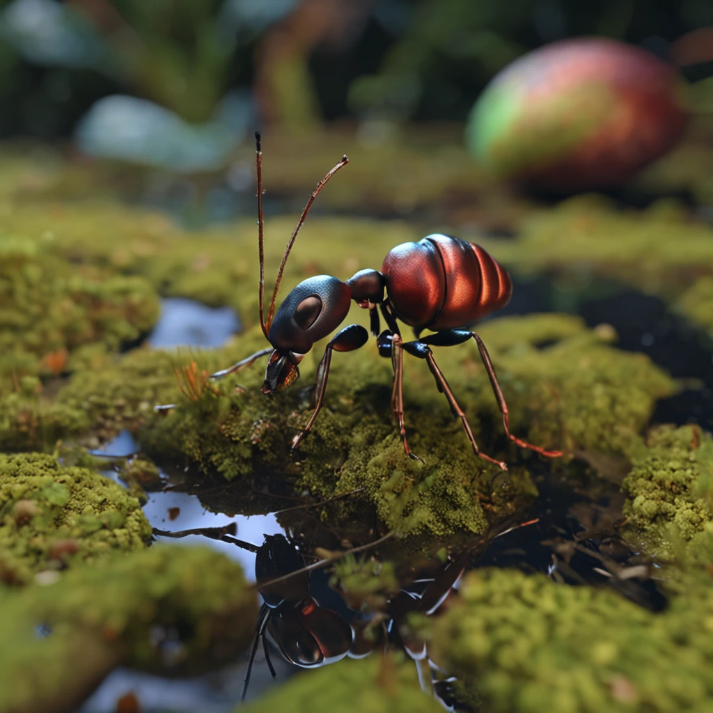An ant looking in the mirror by the stream,An ant uses the stream as a mirror,High-angle lens shooting,photorealistic cinematic render, Cinematic 3D rendering, realistic cgi render, Depicted as a 3D rendering
